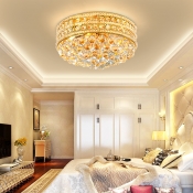 6 Bulbs Drum Close to Ceiling Light Clear Crystal Flush Mount Ceiling Light in Gold for Bedroom