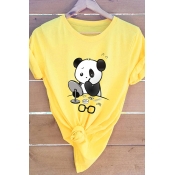 Lovely Cartoon Panda Pattern Round Neck Short Sleeve Casual T-Shirt