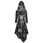Gothic Style Sun Moon Print Lace Up Front Asymmetric Hem Slim Fit Hooded Dress