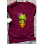 Girls Creative Cactus Cat Pattern Short Sleeve Round Neck Leisure Tee Top