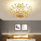 Gold Semi Flush Ceiling Light with Crystal Bead Metallic Vintage Triple Light Semi Flush Mount Lighting