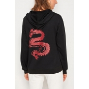Dragon Printed Back Drawstring Hood Long Sleeve Black Boxy Pullover Hoodie