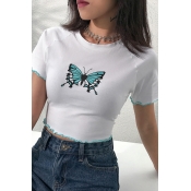 Womens Fashion Butterfly Print Short Sleeve Contrast Trim Slim Fit Cropped T-Shirt