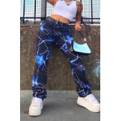 Street Style Lightning Printed Wide Leg Trousers Casual Straight Pants for Women