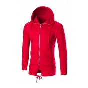Solid Color Tied Front Long Sleeve Zip Up Drawstring Hoodie with Pocket
