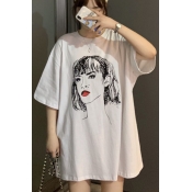 Harajuku Style Cartoon Girl Pattern Half Sleeve Casual Longline Oversized T-Shirt