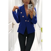 Womens Elegant Plain Button Embellished Long Sleeve Slim Fit Short Blazer Coat