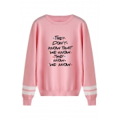 Funny Letter THEY DON'T KNOW THAT WE KNOW THEY KNOW WE KNOW Printed Stripe Embellished Pullover Sweater