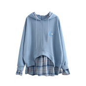 Girls Blue Fashionable Unicorn Embroidery Printed Fake Two Piece Checked Patchwork Oversized Drawstring Hoodie
