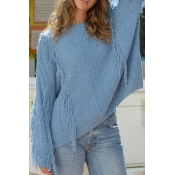 Womens Popular Blue Tassel Long Sleeve Leisure Oversized Pullover Sweater