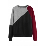 Womens Fashion Color Block Cut And Sew Round Neck Loose Fit Pullover Sweatshirt
