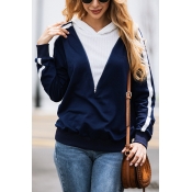 Womens Casual Colorblock Zipper Embellished Striped Long Sleeve Sports Pullover Hoodie
