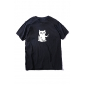 Summer Popular Cartoon Cat with Knife Pattern Short Sleeve Loose Fit Leisure T-Shirt Top