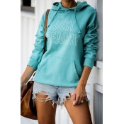 Popular Letter JUST BEACHY Printed Long Sleeve Slim Fit Casual Lake Blue Drawstring Hoodie with Pocket