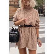 Womens Fashion Plain Cable Knit High Collar Long Sleeve Side Split Pullover Sweater Dress
