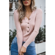 Womens Fashionable Button Front Long Sleeve Ribbed Knit Plain Fitted Henley Sweater Top