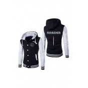 Fashionable Letter Printed Single Breasted Rib Cuffs Colorblock Long Sleeve Drawstring Hoodie