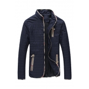 Mens Casual Dark Blue Stand Collar Contrast Trim Elbow Patch Long Sleeve Zip Placket Quilted Lightweight Jacket