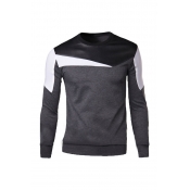 Fashionable Color Block Geometric PU Panel Round Neck Long Sleeve Casual Fitted Pullover Sweatshirt