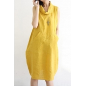 Womens Plain Yellow Cocoon Sleeveless Turtle Neck Casual Midi Daily Dress with Pocket