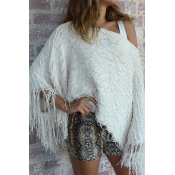 Womens Stylish Plain White Collared Tassel Decoration Loop Poncho Sweater