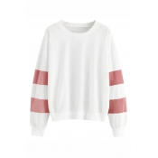 Popular Varsity Striped Long Sleeve Loose Fit White Pullover Sweatshirt