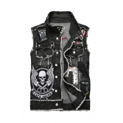 Punk Style Black LIVE TO RIDE Letter Skull Printed Sleeveless Raw Edges Ripped Slim Fit Denim Jacket Vest