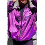 Womens Fashionable Purple Metallic Stand Collar Zip Up Drawstring Hem Loose Fit Windbreaker Coat