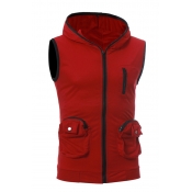 Hot Popular Red Solid Pocket Contrast Trim Sleeveless Zip Up Sport Hoodie Vest