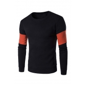 Mens Fashionable Color Block Long Sleeve Black Fitted Fleece Pullover Sweatshirt