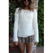 Exclusive Plain White Lace Up Front Eyelash Knit Patch Casual Popcorn Sweater for Women