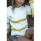 Womens Simple Colorblock Tape Printed Ribbed Embellished Long Sleeve White Loose Sweater