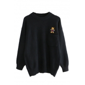 Girls Cute Embroidered Bear Pattern Long Sleeve Chest Pocket Loose Pullover Sweater