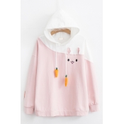 Color Block Rabbit Carrot Drawstring Hood Long Sleeve Baggy Cute Pullover Hoodie