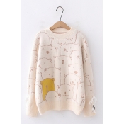 Womens Cute Cartoon Bear Printed Long Sleeve Round Neck Oversized Loose Pullover Sweater