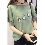 Active Cartoon Girls Printed Tribal Floral Short Sleeve Loose Fit T-Shirt Top