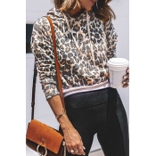 Womens Fashionable Leopard Pattern Long Sleeve Brown Cropped Fitted Drawstring Hoodie