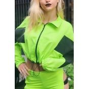 Unique Color Block Long Sleeve Zip Up Drawstring Hem Fluorescent Green Cropped Windbreaker Jacket