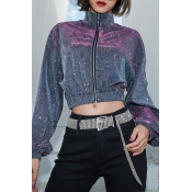 Hip Hop Plain Metallic Blingbling Fashion Stand-Up Collar Zip Up Cropped Jacket Coat