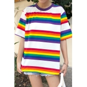 Girls Chic Rainbow Stripe Round Neck Half Sleeve Casual Loose Tee Top