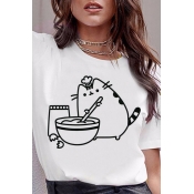 Womens Cute Cartoon Cat Printed Crewneck Short Sleeve Loose Fit Casual T-Shirt