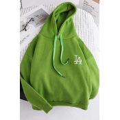 Classic Plain Embroidery Letter Printed Chest Long Sleeve Green Oversized Drawstring Hoodie