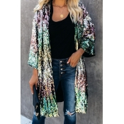 Womens Stylish Color Block Sequin Bell Long Sleeve Tunic Designer Cardigan Coat