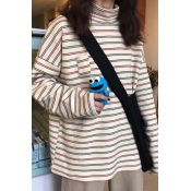 Womens Retro Stripes Printed High Collar Long Sleeve Beige Oversized Chic Top