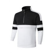 Mens Regular Black & White Panelled Stripe Long Sleeve Stand Collar Half Zip Pullover Sweatshirt