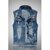Men's Blue Lapel Sleeveless Button Down Ripped Destroyed Casual Jean Vest Waistcoat