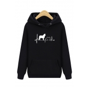 Unisex Casual Dog and Heartbeats Printed Long Sleeve Simple Drawstring Hoodie