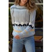 Womens Regular Stylish Diamond Pattern Long Sleeve Cable Knit Grey Fair Isle Sweater