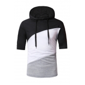 Mens Classic Colorblock Patchwork Short Sleeve Fitted Drawstring Hoodie Hooded T-Shirt