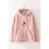 Womens Lovely Bear Printed Plain Lamb Wool Drawstring Hoodie with Pouch Pocket